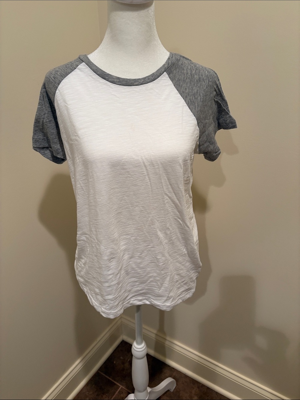 Goldie White Tee with Gray Raglan Sleeves and Neckline